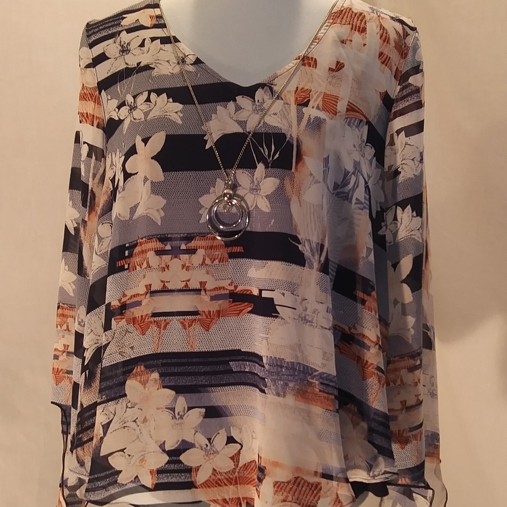 JM Collection Floral Blouse with Attached Necklace